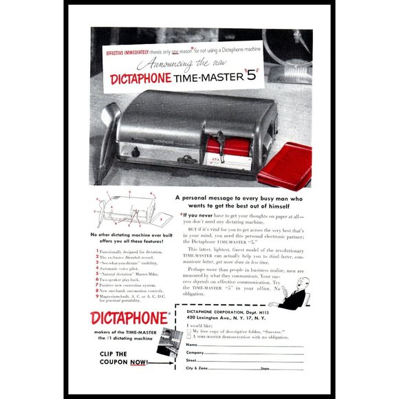 1953 Dictaphone Time-Master 5 Vintage Print Ad Retro Office Equipment Wall Art - Picture 1 of 1